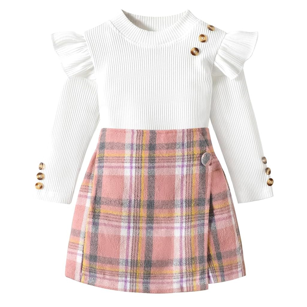 PALAY Baby Toddler Girl Clothes Kit Girls Set of 2Pcs Top and Shorts Long Sleeve Ruffle Shirt Base Top and Plaid Skirt Shorts for Girls 4-5 Years Old, Size 120cm PALAY Baby Toddler Girl Clothes Kit Girls Set of 2Pcs Top and Shorts Long Sleeve Ruffle Shirt Base Top and Plaid Skirt Shorts for Girls 4-5 Years Old, Size 120cm